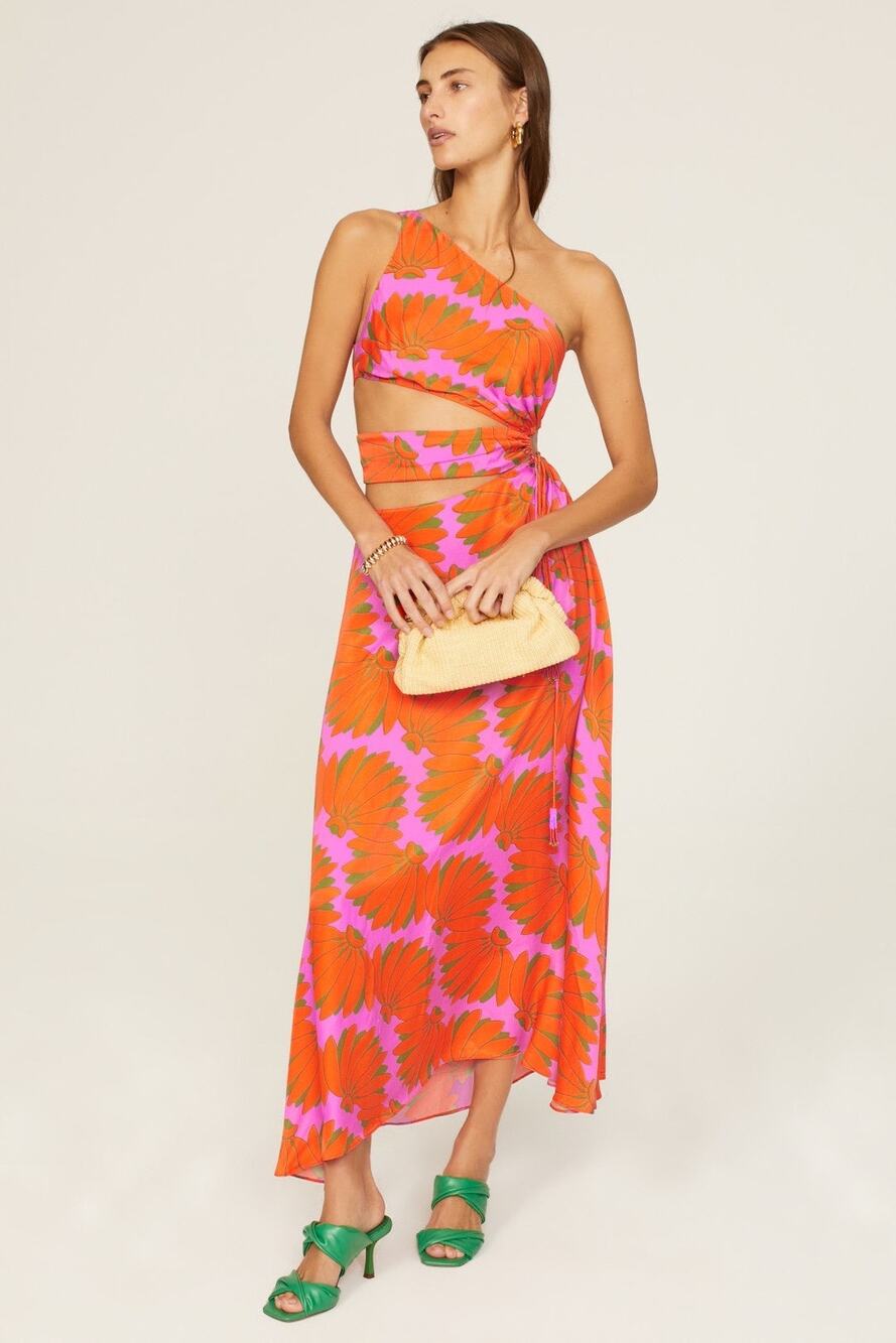 Farm Rio Copacabana Orange Printed One Shoulder Cut Out Maxi Dress Size Large
